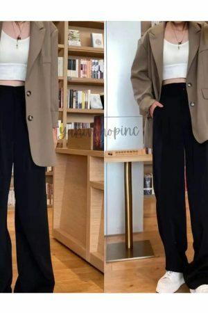 Y2K High Waist Wide Leg Black Suit Pants for Women - Korean Streetwear Fashion