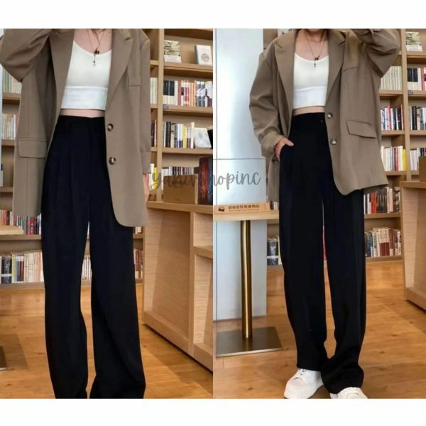 Y2K High Waist Wide Leg Black Suit Pants for Women - Korean Streetwear Fashion