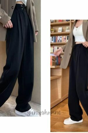 Y2K High Waist Wide Leg Black Suit Pants for Women - Korean Streetwear Fashion