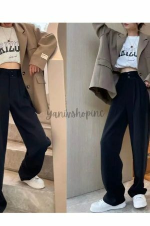 Y2K High Waist Wide Leg Black Suit Pants for Women - Korean Streetwear Fashion