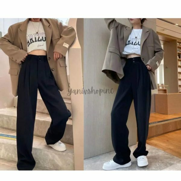 Y2K High Waist Wide Leg Black Suit Pants for Women - Korean Streetwear Fashion