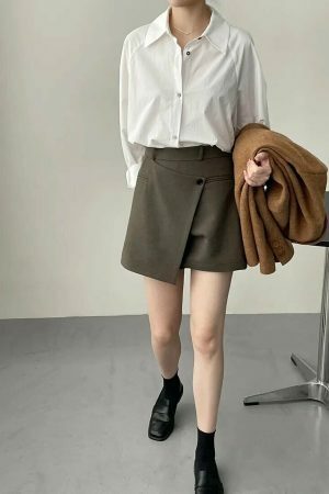 Y2K High Waisted Asymmetric Skort in Korean Streetwear Style