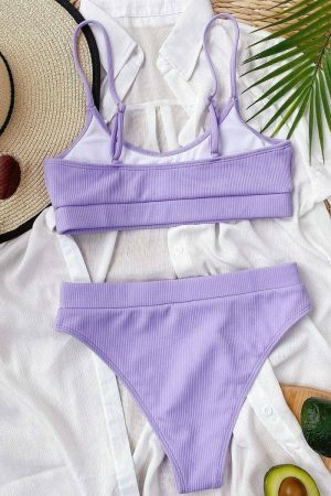 Y2K High Waisted Ribbed Purple Bikini Bottoms