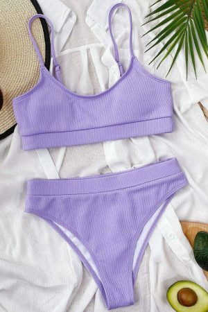 Y2K High Waisted Ribbed Purple Bikini Bottoms