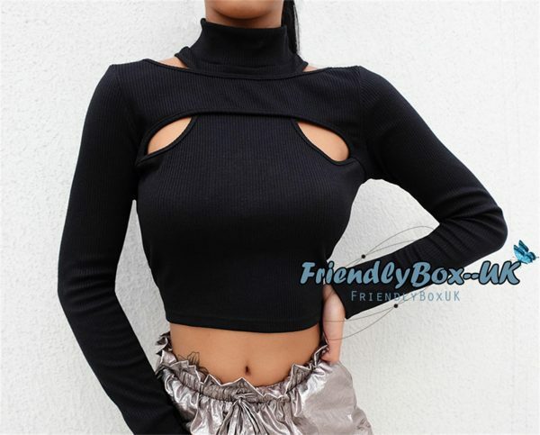 Y2K Hollow Knit Crop Top Black White Long Sleeve Streetwear Sweater