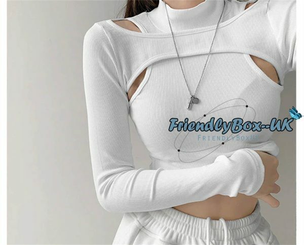 Y2K Hollow Knit Crop Top Black White Long Sleeve Streetwear Sweater