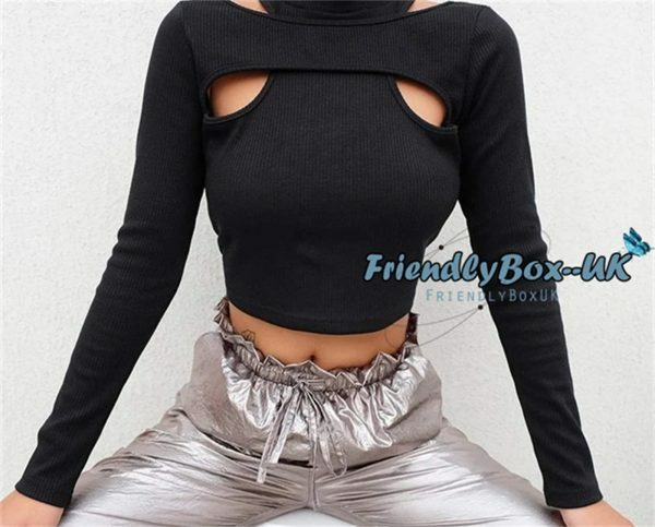 Y2K Hollow Knit Crop Top Black White Long Sleeve Streetwear Sweater