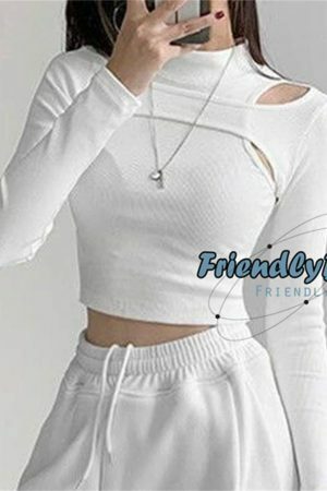 Y2K Hollow Knit Crop Top Black White Long Sleeve Streetwear Sweater