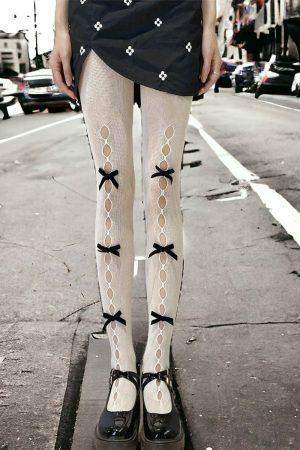 Y2K Hollow Lace Stocking Socks with Bows - Streetwear Fishnet Tights