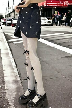 Y2K Hollow Lace Stocking Socks with Bows - Streetwear Fishnet Tights