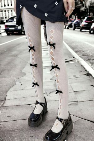 Y2K Hollow Lace Stocking Socks with Bows - Streetwear Fishnet Tights