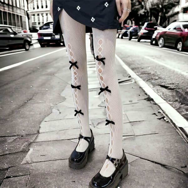 Y2K Hollow Lace Stocking Socks with Bows - Streetwear Fishnet Tights