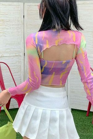 Y2K Hollow Out Backless Graphics Crop Top | Sexy Mesh Tee