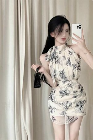 Y2K Ink Painting Print Mini Dress | Sleeveless Stand Collar Chiffon Vintage Streetwear