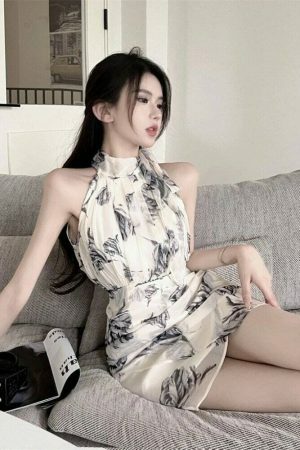 Y2K Ink Painting Print Mini Dress | Sleeveless Stand Collar Chiffon Vintage Streetwear