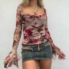 Y2K Inspired Women's Floral Square Neck Blouse with Long Flared Sleeves