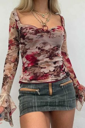 Y2K Inspired Women's Floral Square Neck Blouse with Long Flared Sleeves