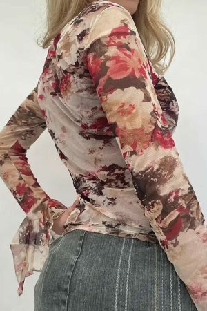 Y2K Inspired Women's Floral Square Neck Blouse with Long Flared Sleeves