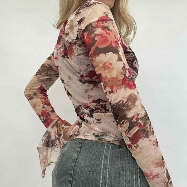 Y2K Inspired Women's Floral Square Neck Blouse with Long Flared Sleeves