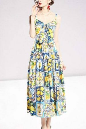 Y2K Italian Mosaic Print Streetwear Maxi Dress