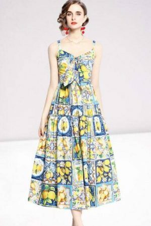 Y2K Italian Mosaic Print Streetwear Maxi Dress