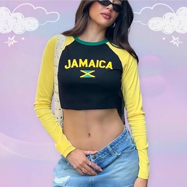 Y2K Jamaica Long Sleeve Crop Top - Soccer Baby Tee, Vintage Streetwear Jersey