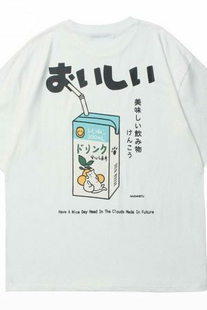 Y2K Japanese Kanji Drink Print Embroidered T-shirt - Streetwear Aesthetic