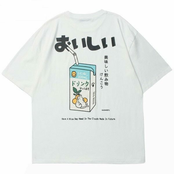 Y2K Japanese Kanji Drink Print Embroidered T-shirt - Streetwear Aesthetic