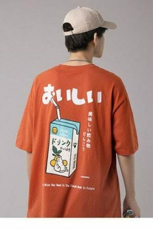 Y2K Japanese Kanji Drink Print Embroidered T-shirt - Streetwear Aesthetic