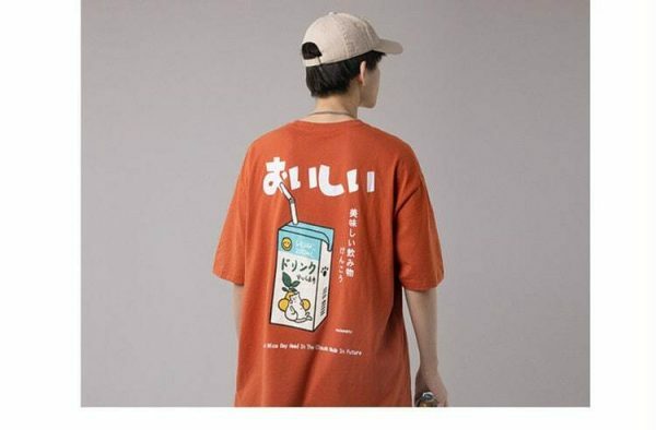 Y2K Japanese Kanji Drink Print Embroidered T-shirt - Streetwear Aesthetic