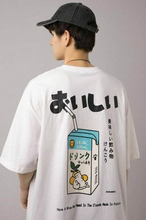 Y2K Japanese Kanji Drink Print Embroidered T-shirt - Streetwear Aesthetic