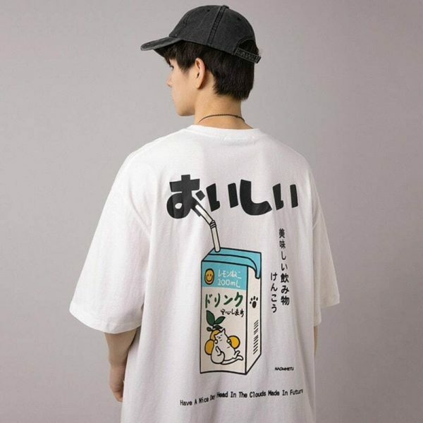 Y2K Japanese Kanji Drink Print Embroidered T-shirt - Streetwear Aesthetic