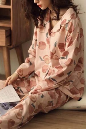 Y2K Japanese Streetwear Cotton Pajama Set for Women, Cute Peach Long Sleeve Home Wear