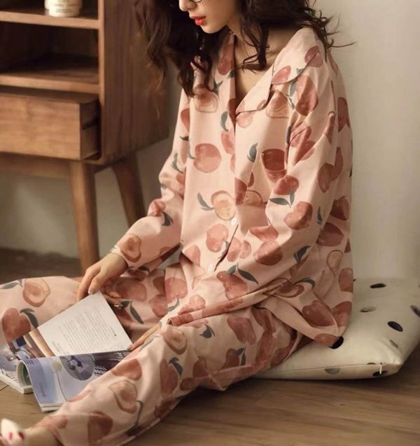 Y2K Japanese Streetwear Cotton Pajama Set for Women, Cute Peach Long Sleeve Home Wear