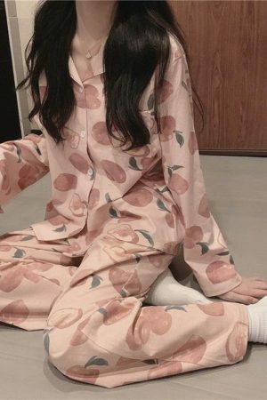 Y2K Japanese Streetwear Cotton Pajama Set for Women, Cute Peach Long Sleeve Home Wear