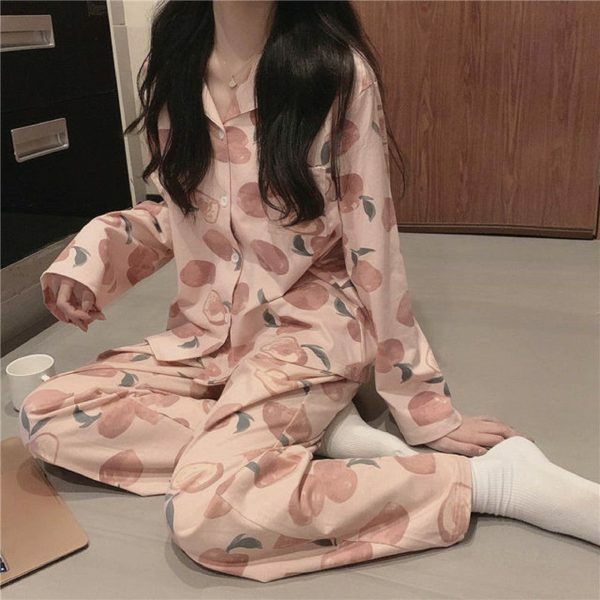 Y2K Japanese Streetwear Cotton Pajama Set for Women, Cute Peach Long Sleeve Home Wear