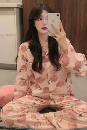 Y2K Japanese Streetwear Cotton Pajama Set for Women, Cute Peach Long Sleeve Home Wear