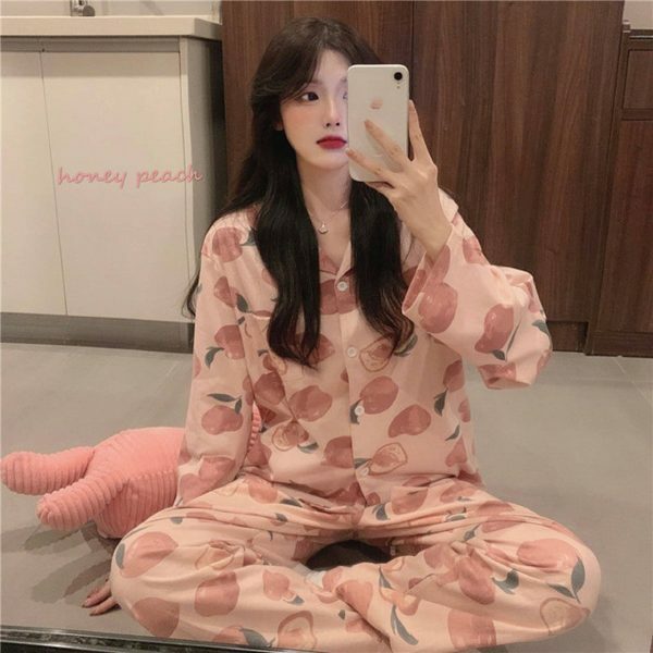 Y2K Japanese Streetwear Cotton Pajama Set for Women, Cute Peach Long Sleeve Home Wear