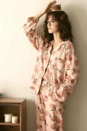 Y2K Japanese Streetwear Cotton Pajama Set for Women, Cute Peach Long Sleeve Home Wear