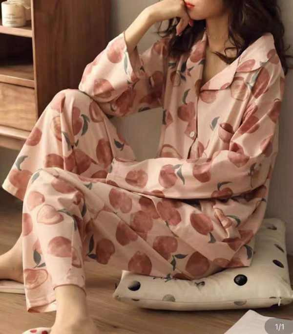 Y2K Japanese Streetwear Cotton Pajama Set for Women, Cute Peach Long Sleeve Home Wear