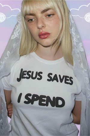 Y2K Jesus Saves I Spend Crop Top - Streetwear Slogan Tee, 2000s Aesthetic