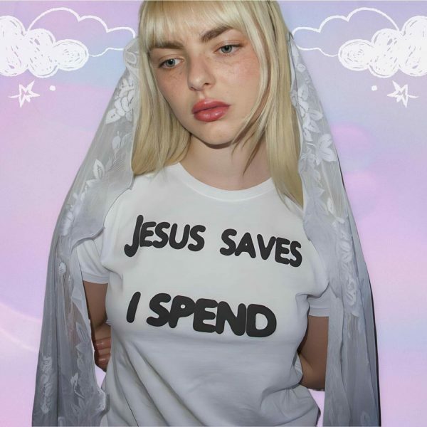 Y2K Jesus Saves I Spend Crop Top - Streetwear Slogan Tee, 2000s Aesthetic