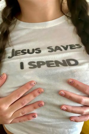 Y2K Jesus Saves I Spend Crop Top - Streetwear Slogan Tee, 2000s Aesthetic