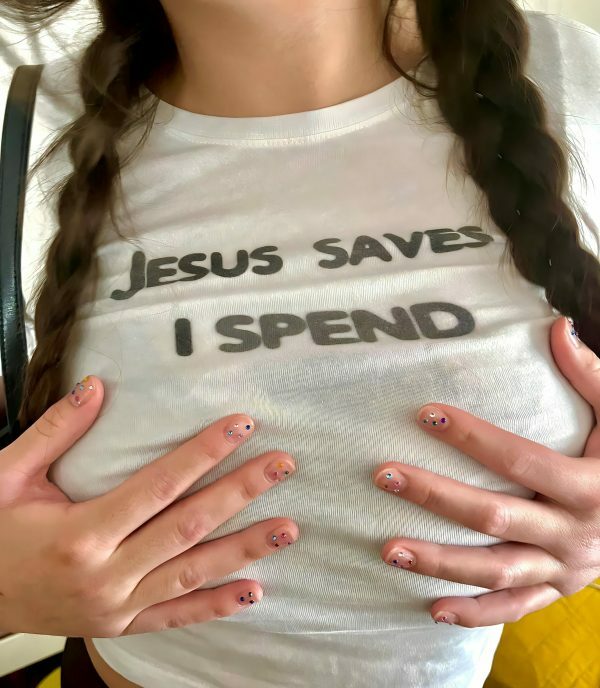 Y2K Jesus Saves I Spend Crop Top - Streetwear Slogan Tee, 2000s Aesthetic