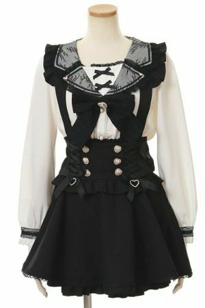 Y2K Jirai Kei High Waist Jumper Skirt with Frills & Rhinestone Accents