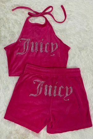 Y2K Juicy Velvet Two-Piece Sleeveless Tank & Crop Top