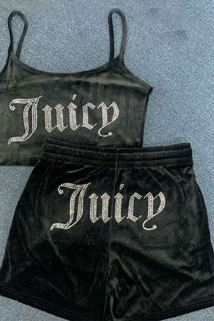 Y2K Juicy Velvet Two-Piece Sleeveless Tank & Crop Top