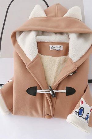 Y2K Kawaii Cartoon Cat Wool Coat - Streetwear Fashion