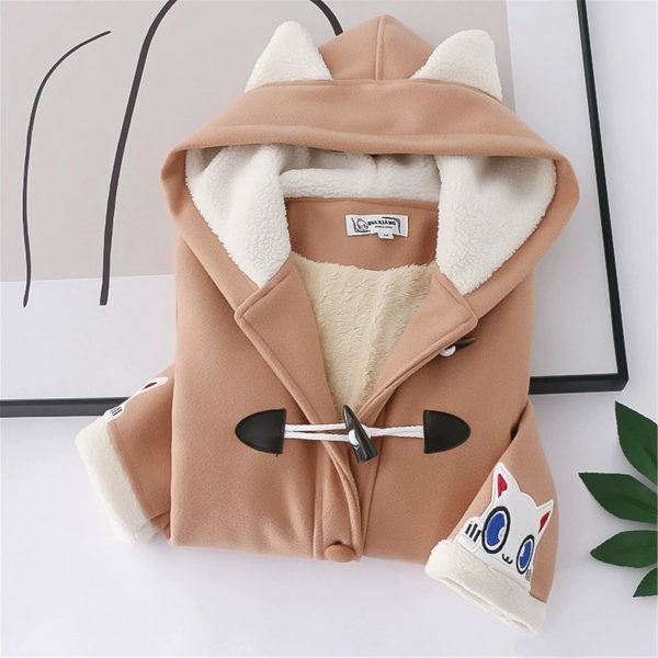 Y2K Kawaii Cartoon Cat Wool Coat - Streetwear Fashion