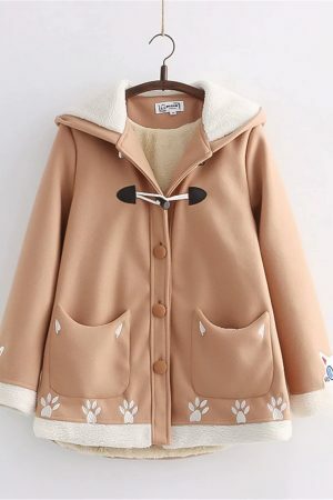 Y2K Kawaii Cartoon Cat Wool Coat - Streetwear Fashion